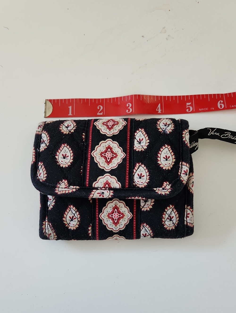 Vera Bradley Black Quilted Foldover Wallet with Red and Cream Medallion Print